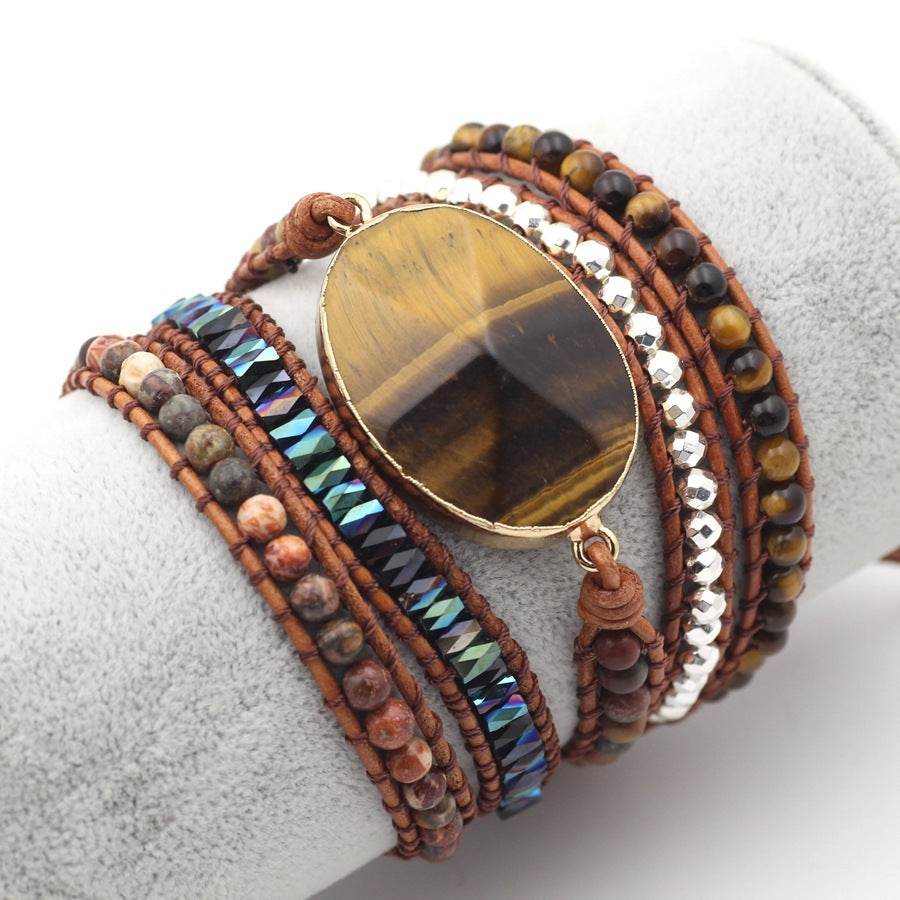Natural Stone Bracelet for Men and Women Tiger Eye Beaded Hand-woven Leather Bracelet Punk Rock Couples Hand Accessories - Mubimart