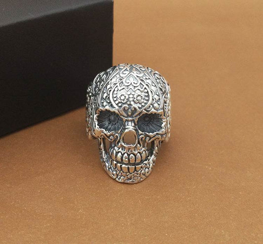 Handmade Vintage Thai Silver Personality Ring Men Domineering Skull Ring - Mubimart