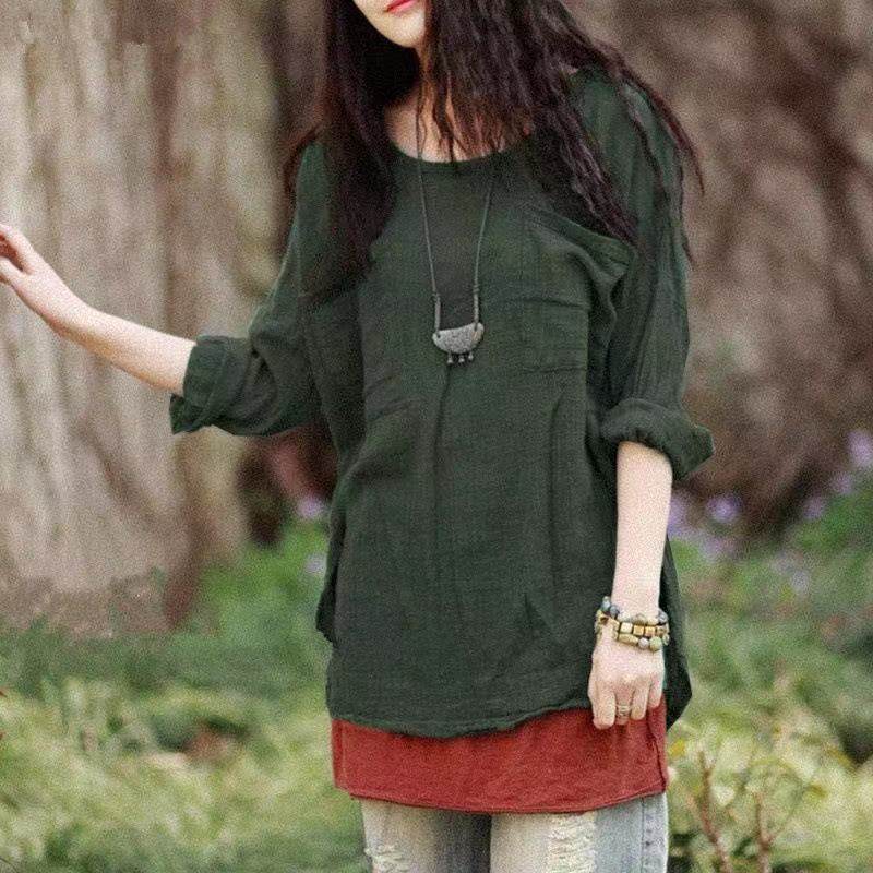 Linen Solid Color Pullover All-match Plus Size Top - Mubimart