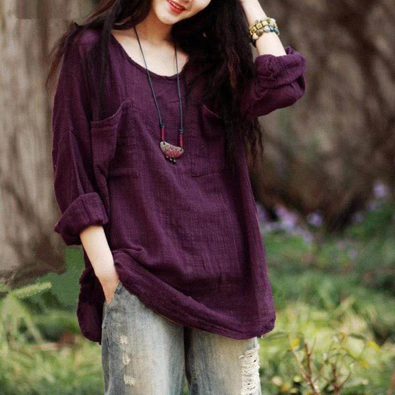 Linen Solid Color Pullover All-match Plus Size Top - Mubimart
