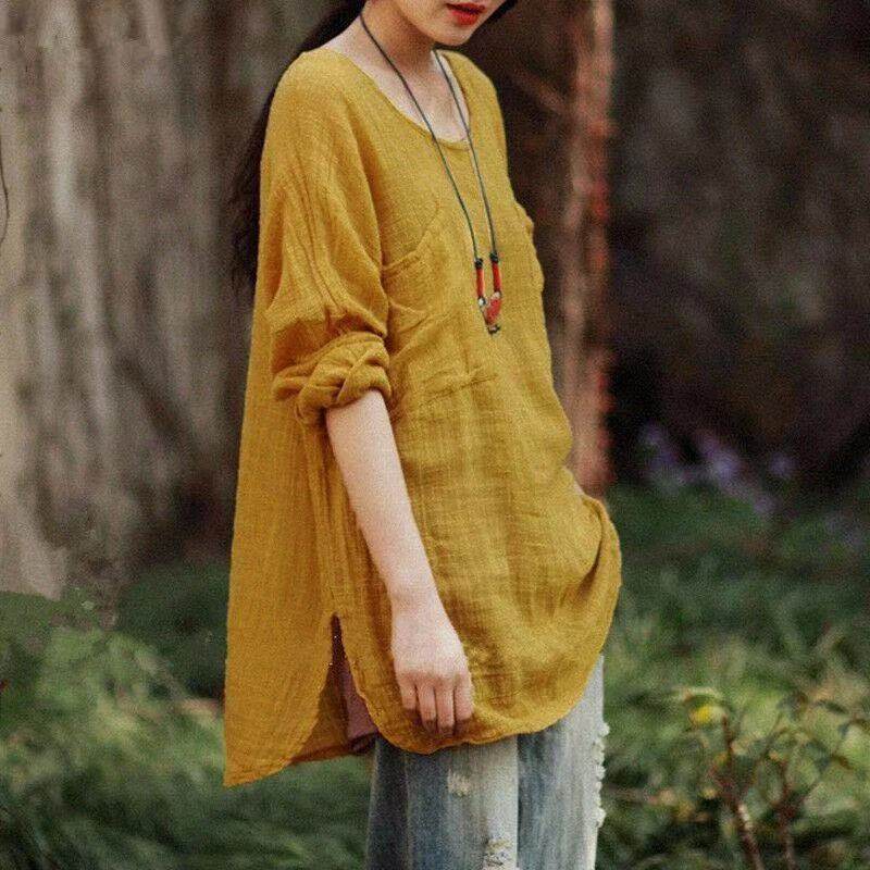 Linen Solid Color Pullover All-match Plus Size Top - Mubimart