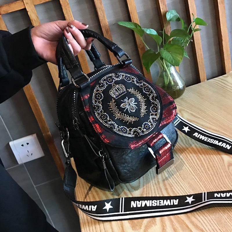 Hot Rhinestone Soft Leather Backpack Women - Mubimart