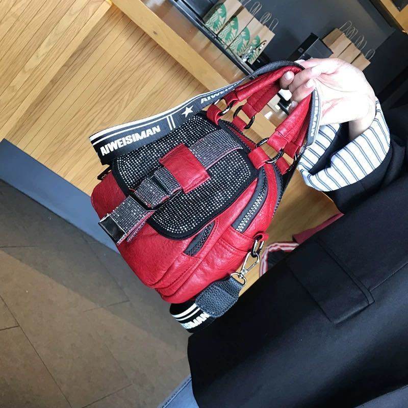 Hot Rhinestone Soft Leather Backpack Women - Mubimart
