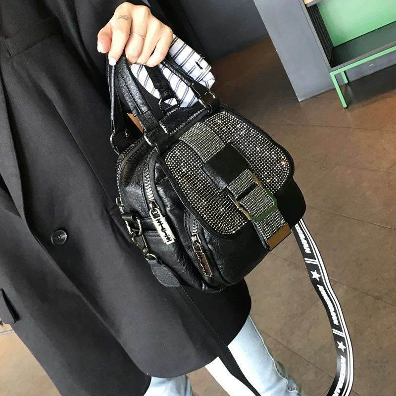 Hot Rhinestone Soft Leather Backpack Women - Mubimart