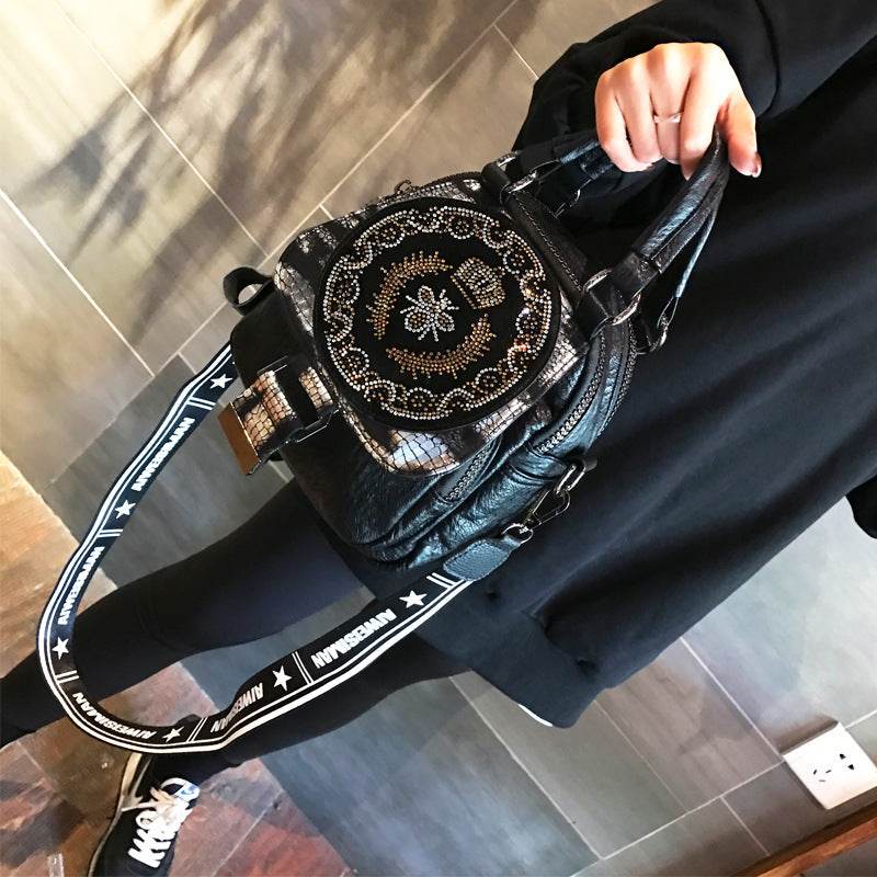 Hot Rhinestone Soft Leather Backpack Women - Mubimart