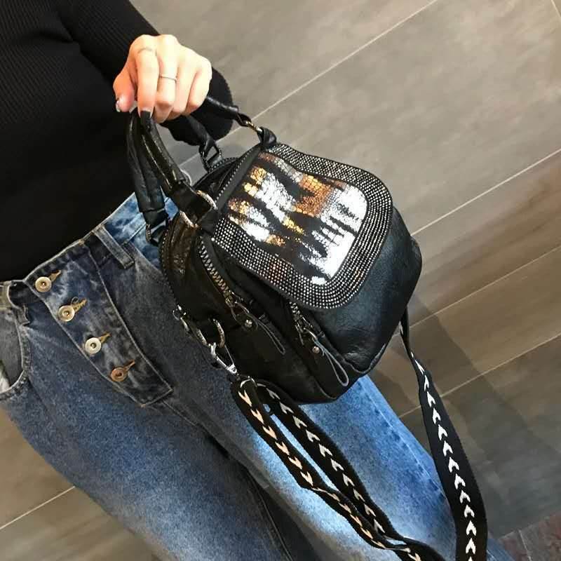 Hot Rhinestone Soft Leather Backpack Women - Mubimart