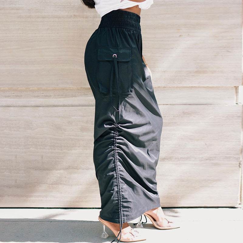 Workwear Elastic Waist Skirt With Smocked Pockets - Mubimart