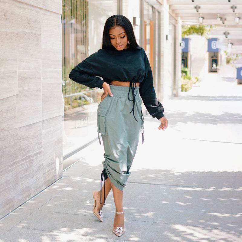 Workwear Elastic Waist Skirt With Smocked Pockets - Mubimart