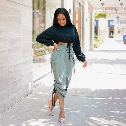 Workwear Elastic Waist Skirt With Smocked Pockets - Mubimart