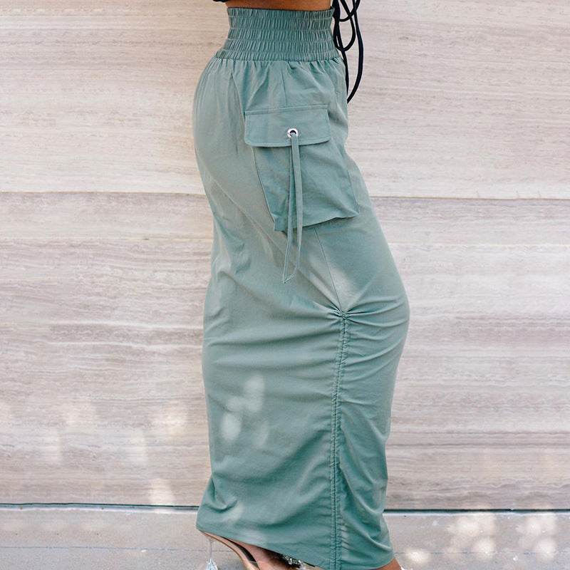 Workwear Elastic Waist Skirt With Smocked Pockets - Mubimart