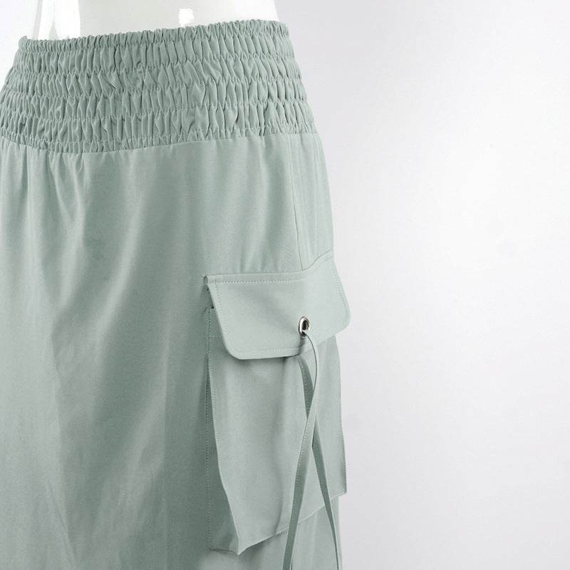 Workwear Elastic Waist Skirt With Smocked Pockets - Mubimart