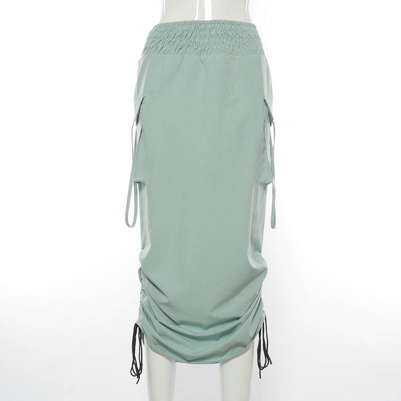 Workwear Elastic Waist Skirt With Smocked Pockets - Mubimart