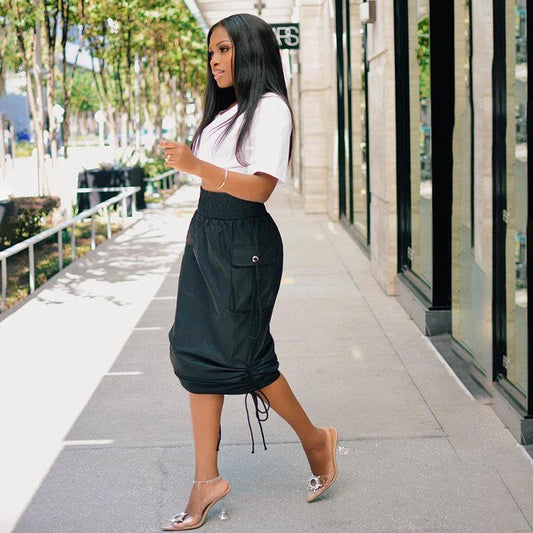 Workwear Elastic Waist Skirt With Smocked Pockets - Mubimart