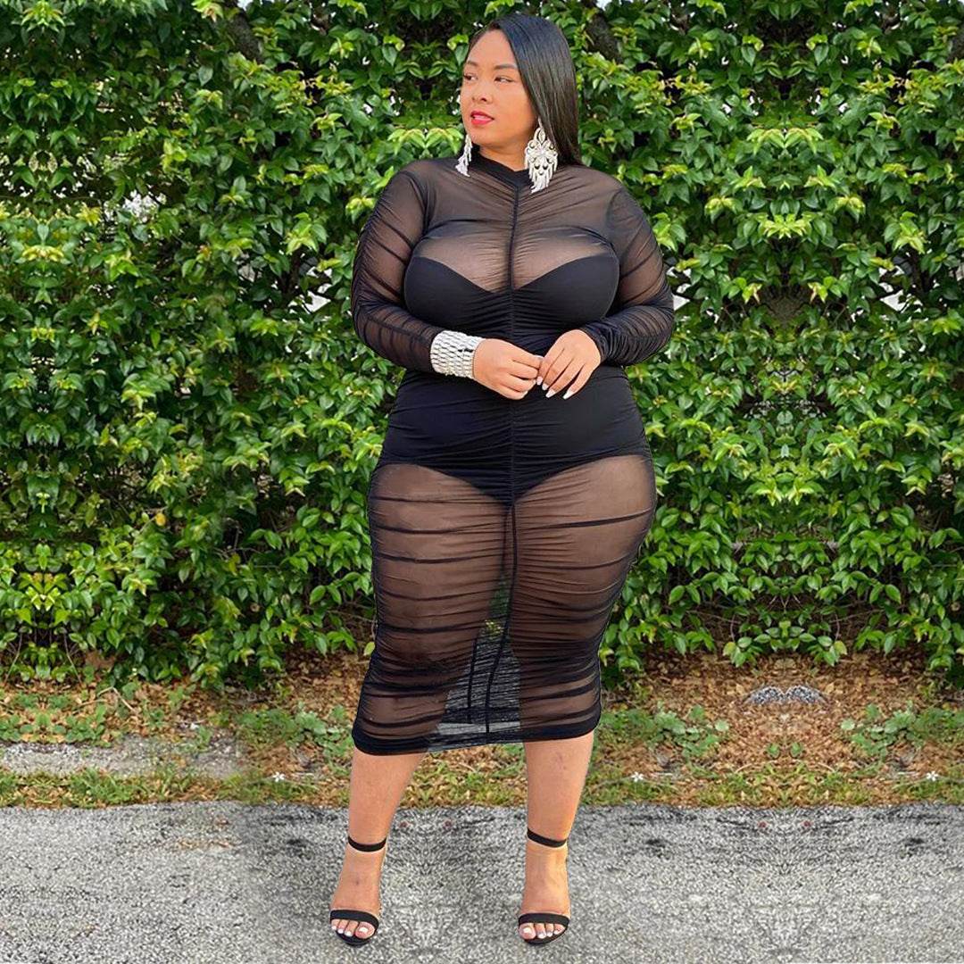 Plus Size Clothing Dresses for Women Long Sleeve Dress with Bodysuit Lining Sexy Mesh Bodycon Dress Wholesale Dropshipping - Mubimart
