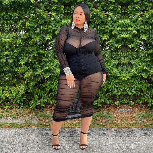 Plus Size Clothing Dresses for Women Long Sleeve Dress with Bodysuit Lining Sexy Mesh Bodycon Dress Wholesale Dropshipping - Mubimart