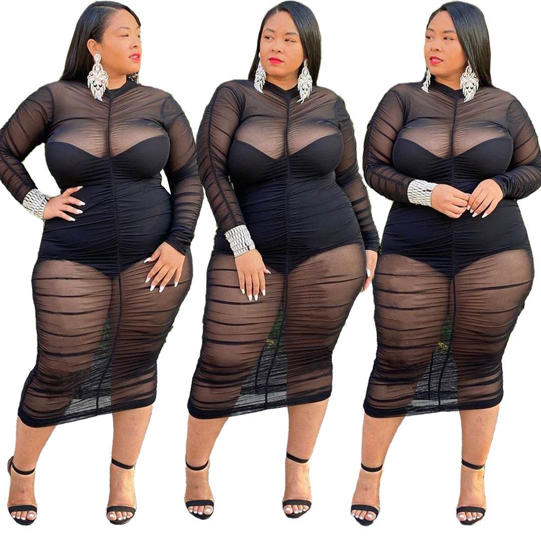 Plus Size Clothing Dresses for Women Long Sleeve Dress with Bodysuit Lining Sexy Mesh Bodycon Dress Wholesale Dropshipping - Mubimart