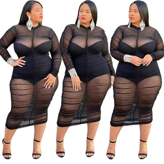 Plus Size Clothing Dresses for Women Long Sleeve Dress with Bodysuit Lining Sexy Mesh Bodycon Dress Wholesale Dropshipping - Mubimart