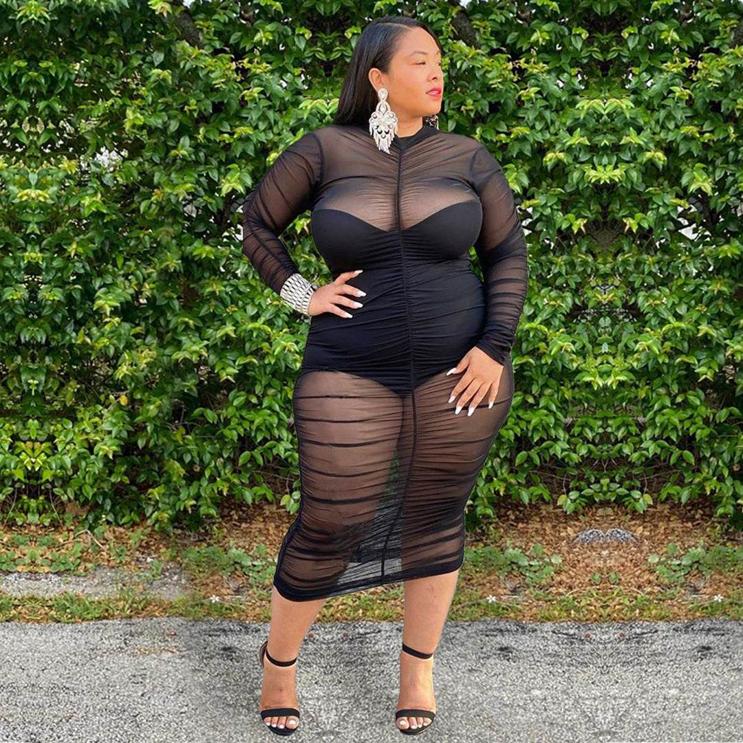 Plus Size Clothing Dresses for Women Long Sleeve Dress with Bodysuit Lining Sexy Mesh Bodycon Dress Wholesale Dropshipping - Mubimart