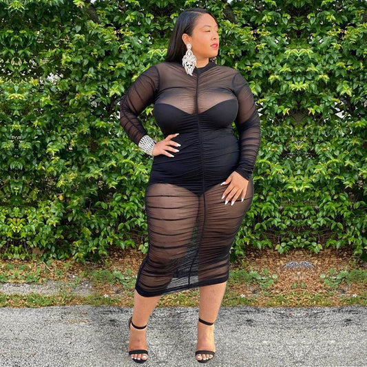 Plus Size Clothing Dresses for Women Long Sleeve Dress with Bodysuit Lining Sexy Mesh Bodycon Dress Wholesale Dropshipping - Mubimart