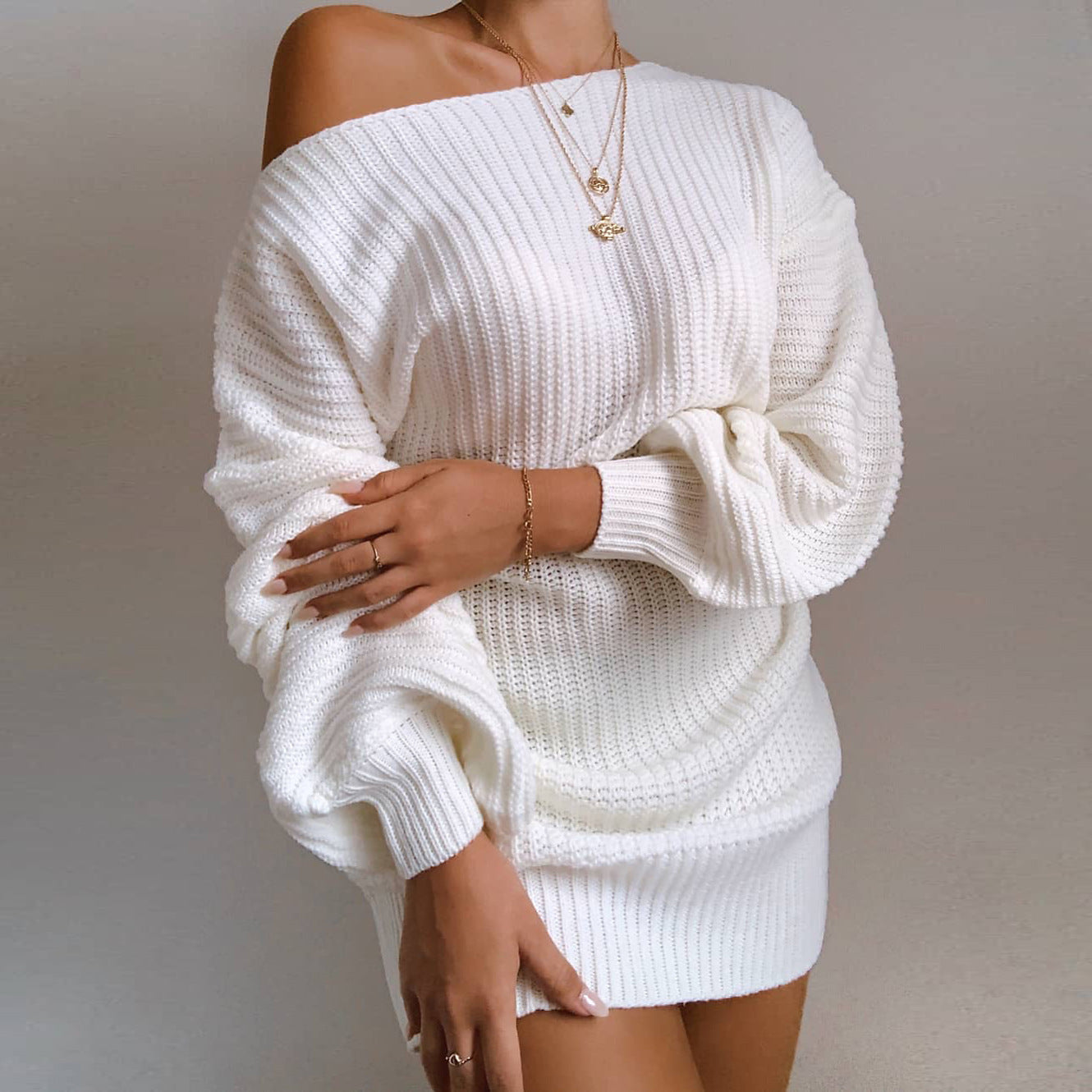 OrangeA Women Off Shoulder Knitted Sweater Dress Autumn  Winter Loose Long Sleeve Solid Ladies Tunic Elegant Streetwear Dresses - Mubimart -  