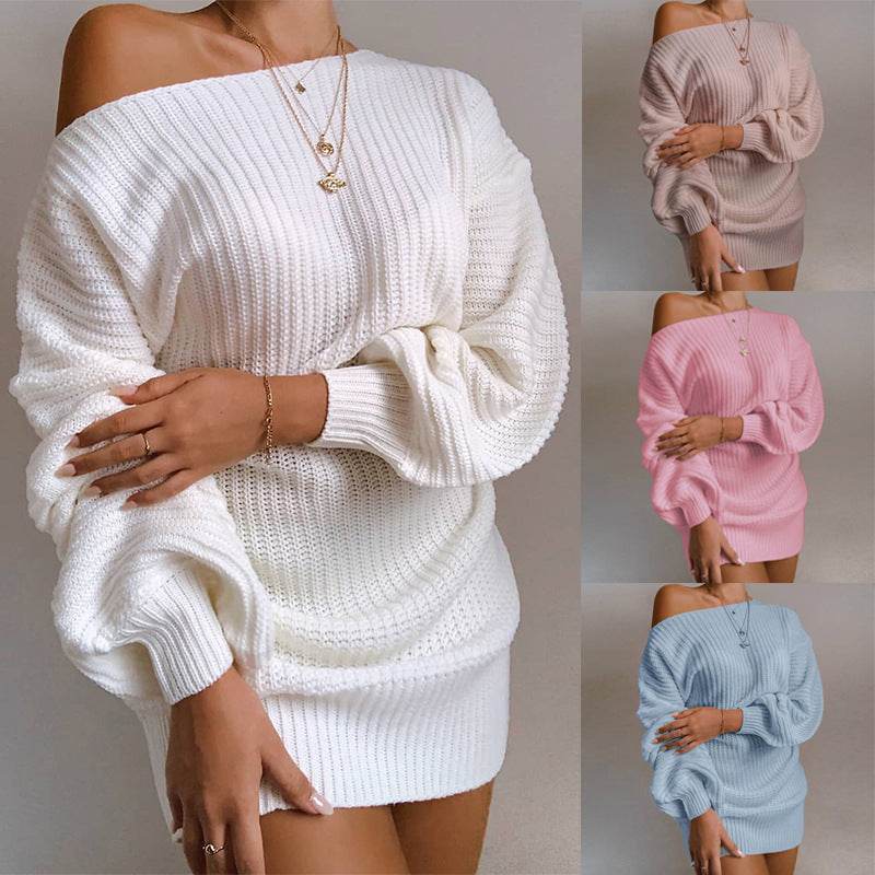 OrangeA Women Off Shoulder Knitted Sweater Dress Autumn Winter Loose Long Sleeve Solid Ladies Tunic Elegant Streetwear Dresses - Mubimart