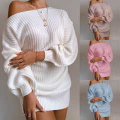 OrangeA Women Off Shoulder Knitted Sweater Dress Autumn  Winter Loose Long Sleeve Solid Ladies Tunic Elegant Streetwear Dresses - Mubimart -  