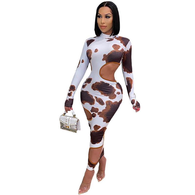 Weird Puss Hollow Out Women Irregular Hole Maxi Dresses Skinny Full Sleeve Skinny o-Neck Activewear Party Prom Club Street Style - Mubimart