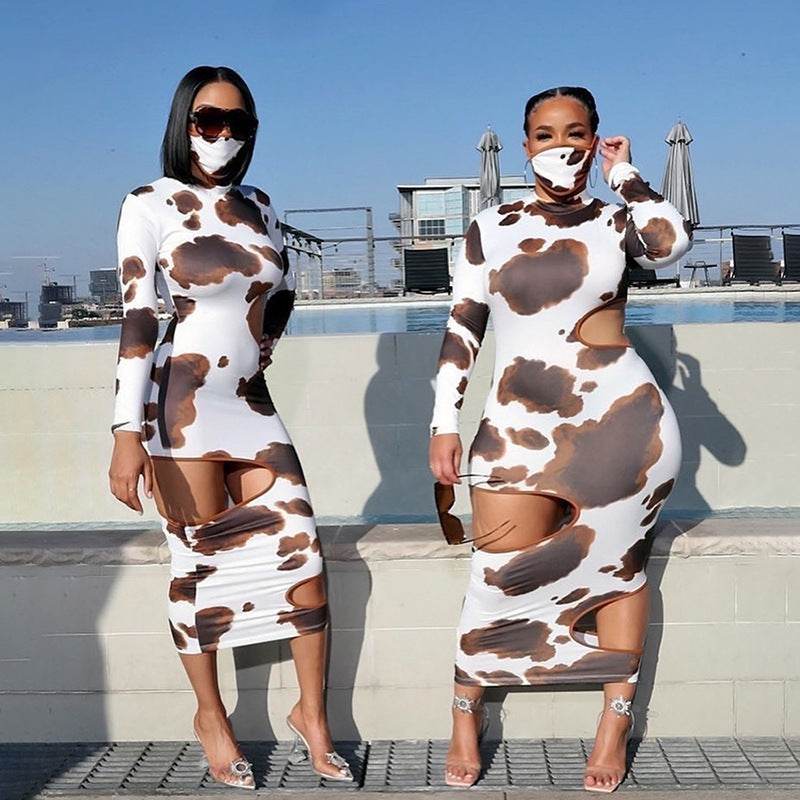 Weird Puss Hollow Out Women Irregular Hole Maxi Dresses Skinny Full Sleeve Skinny o-Neck Activewear Party Prom Club Street Style - Mubimart