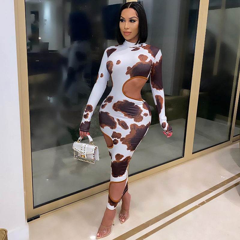 Weird Puss Hollow Out Women Irregular Hole Maxi Dresses Skinny Full Sleeve Skinny o-Neck Activewear Party Prom Club Street Style - Mubimart