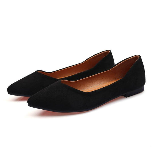 Black Flat Shoes With Suede Pointed Toe - Mubimart