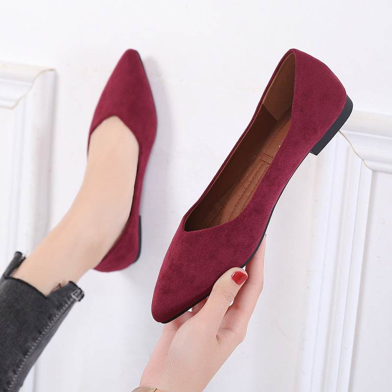 Black Flat Shoes With Suede Pointed Toe - Mubimart