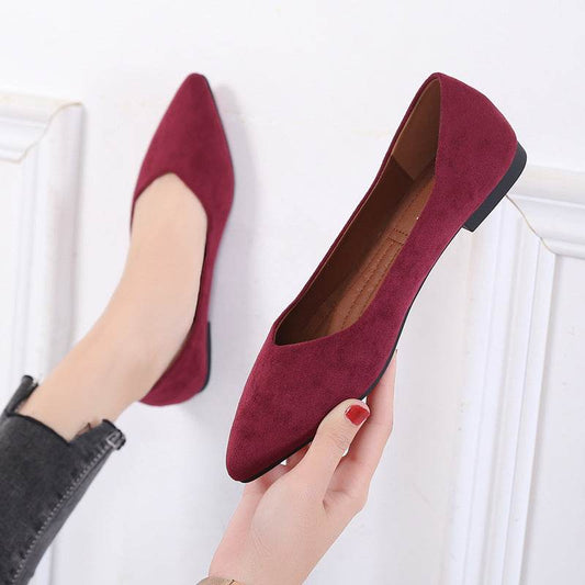 Black Flat Shoes With Suede Pointed Toe - Mubimart