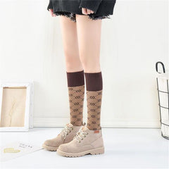 Letter Double D Long Tube Calf Socks Women Pure Pile Pile Women'S Cotton Socks High Tube Knee-Length Socks - Mubimart - Knee high socks 