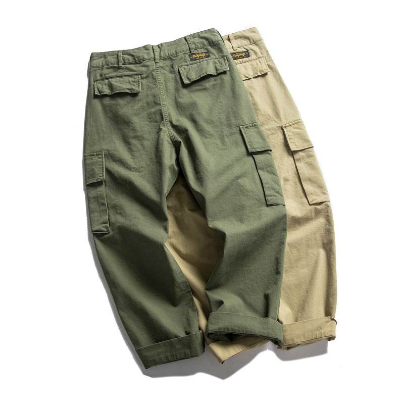 Wu Hang Japanese Original Solid Color Basic Overalls Khaki Loose Straight Trend Casual Pants Z322 - Mubimart