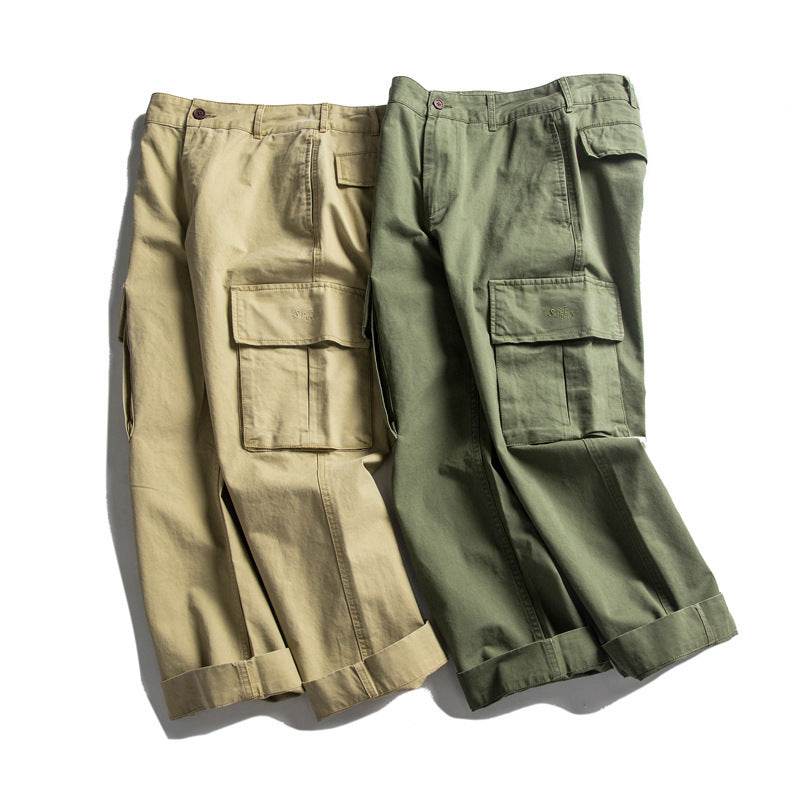 Wu Hang Japanese Original Solid Color Basic Overalls Khaki Loose Straight Trend Casual Pants Z322 - Mubimart
