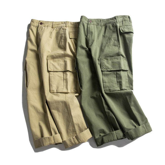Wu Hang Japanese Original Solid Color Basic Overalls Khaki Loose Straight Trend Casual Pants Z322 - Mubimart