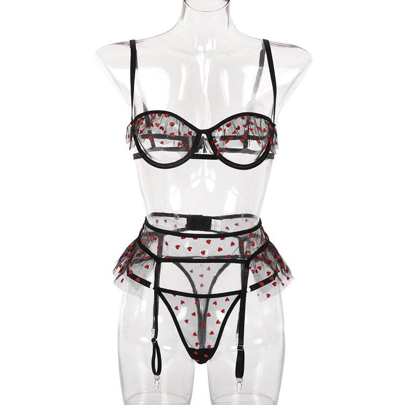 Three-Piece Mesh Polka Dot Perspective Stitching Cross Garter Belt - Mubimart