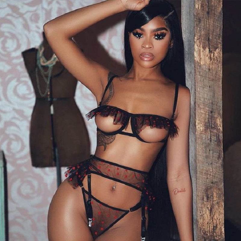 Three-Piece Mesh Polka Dot Perspective Stitching Cross Garter Belt - Mubimart