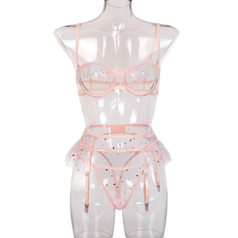 Three-Piece Mesh Polka Dot Perspective Stitching Cross Garter Belt - Mubimart