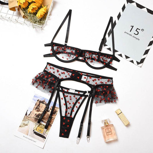 Three-Piece Mesh Polka Dot Perspective Stitching Cross Garter Belt - Mubimart