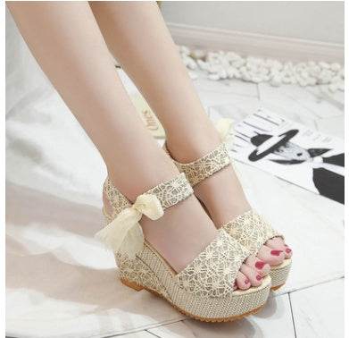 Fish Mouth Women Sandals Korean High Heels Sandals Lace Up Waterproof - Mubimart