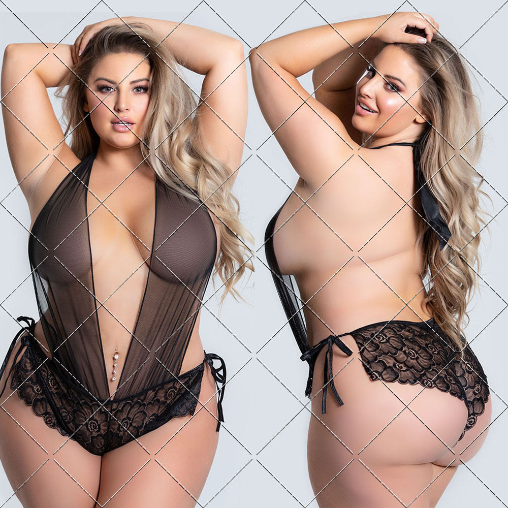 Large Size Sexy Lingerie Women Lace See-Through Sexy One-Piece Tights Nightdress - Mubimart - Plus Size Lingerie 