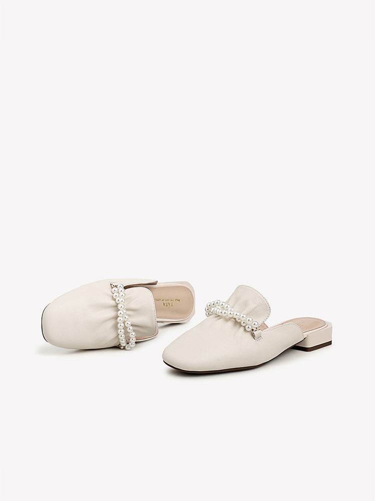 Cow Leather Square Head Pearl Decoration Women's Slippers Casual Mules - Mubimart