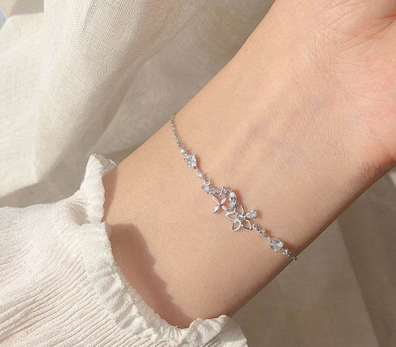 Fashion Korean 925 Sterling Silver Link Chain Crystal Flower Charm Bracelet &Bangle For Women Wedding Jewelry SL113 - Mubimart