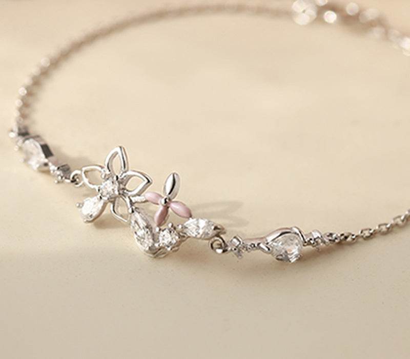 Fashion Korean 925 Sterling Silver Link Chain Crystal Flower Charm Bracelet &Bangle For Women Wedding Jewelry SL113 - Mubimart