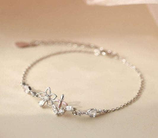 Fashion Korean 925 Sterling Silver Link Chain Crystal Flower Charm Bracelet &Bangle For Women Wedding Jewelry SL113 - Mubimart