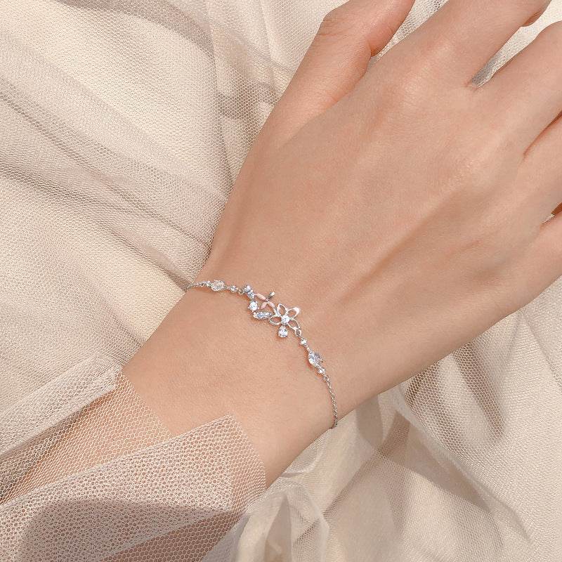 Fashion Korean 925 Sterling Silver Link Chain Crystal Flower Charm Bracelet &Bangle For Women Wedding Jewelry SL113 - Mubimart