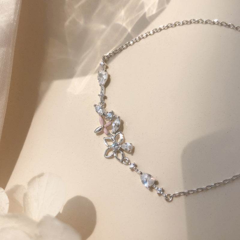 Fashion Korean 925 Sterling Silver Link Chain Crystal Flower Charm Bracelet &Bangle For Women Wedding Jewelry SL113 - Mubimart
