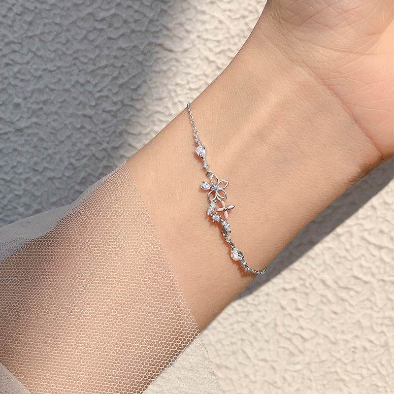 Fashion Korean 925 Sterling Silver Link Chain Crystal Flower Charm Bracelet &Bangle For Women Wedding Jewelry SL113 - Mubimart