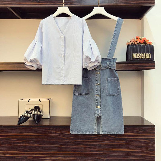 Fat Sister Plus Size women's Summer Dress New Women's age-reducing Fashion Jacket Denim Strap Skirt Two-piece Suit - Mubimart
